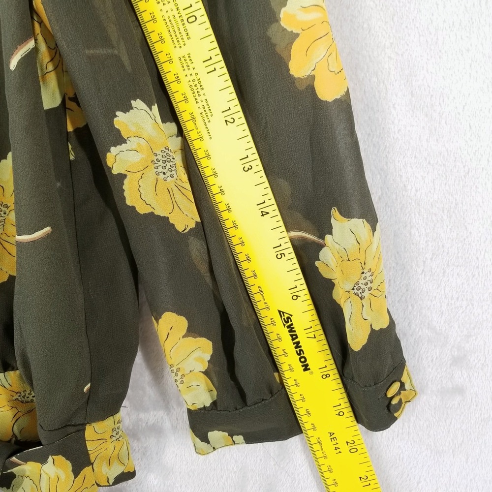 Madewell Wrap Blouse Women M Olive Green Yellow‎ Floral Chiffon Top 3/4 Sleeve - Picture 5 of 9